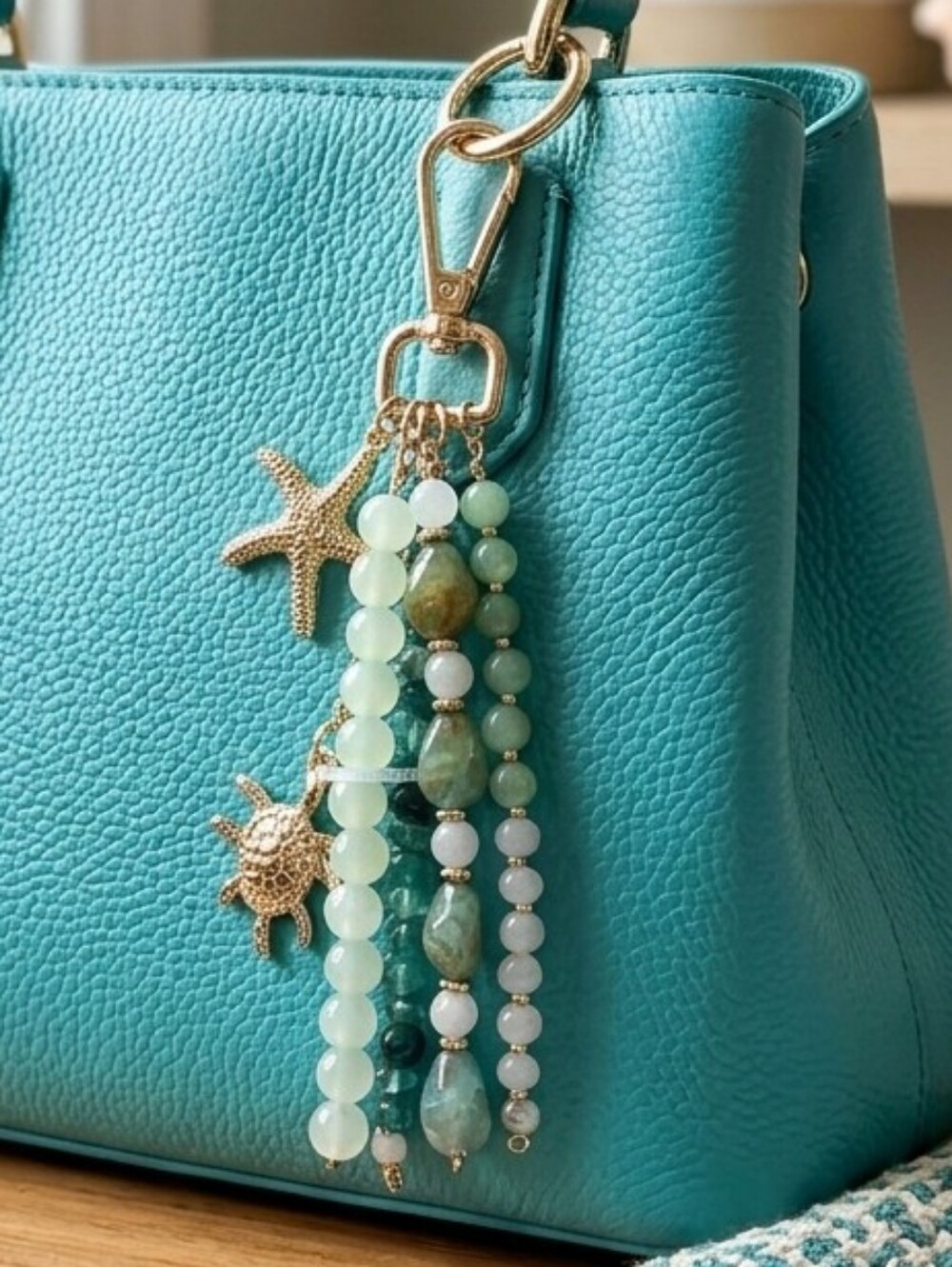 Teal & Gold Beach Beaded Bag Charm with Starfish and Sea Shell - Picture 1 of 5